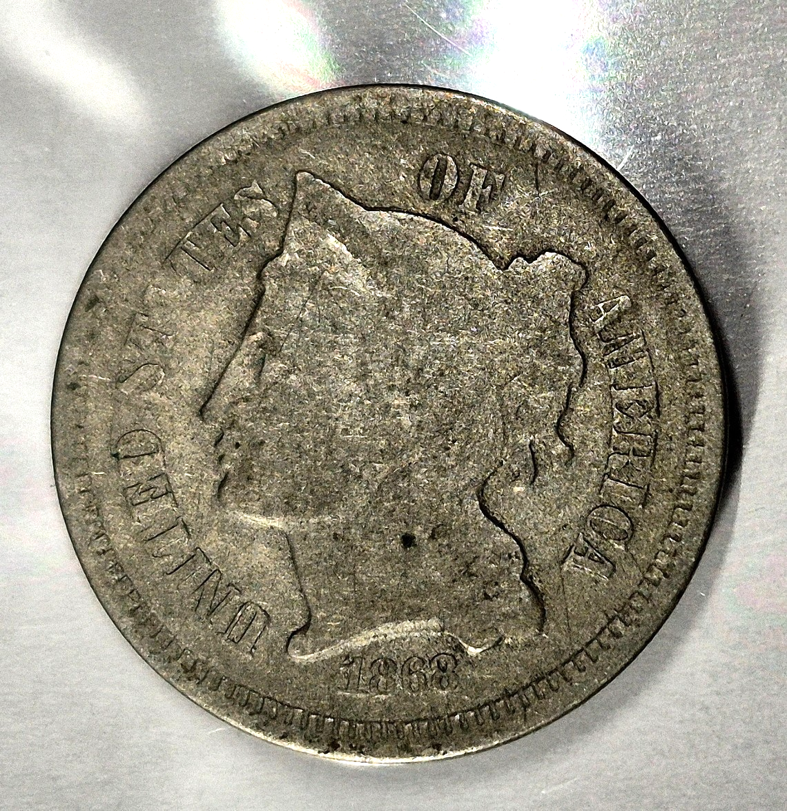 1868 3 Cent Nickel Good Features Full Liberty Partial Pillars Hole Filler US 3C
