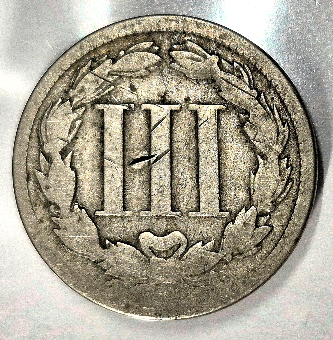 1868 3 Cent Nickel Good Features Full Liberty Partial Pillars Hole Filler US 3C