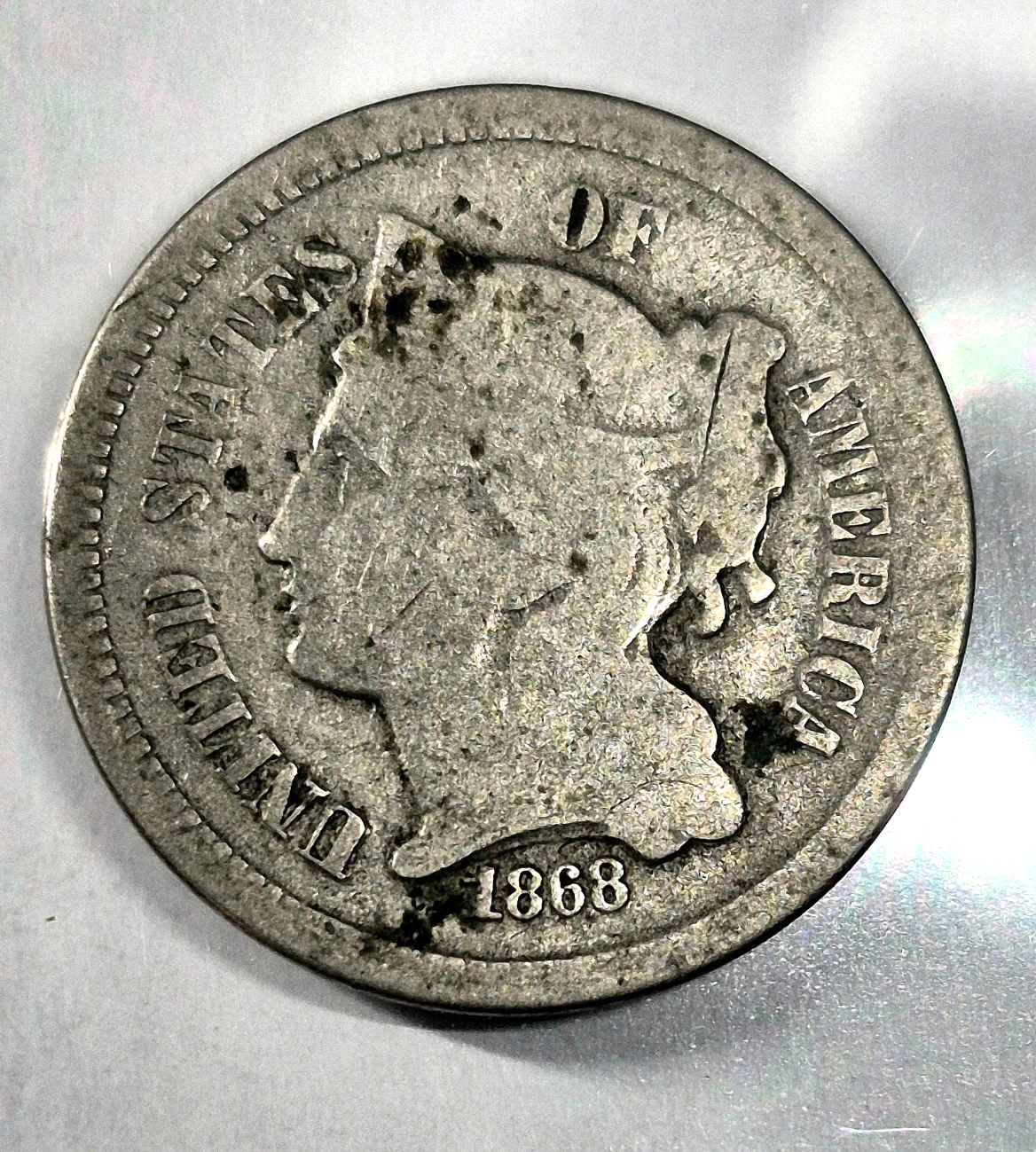 1868 3 Cent Nickel Good Features Full Liberty Partial Pillars Hole Filler US 3C
