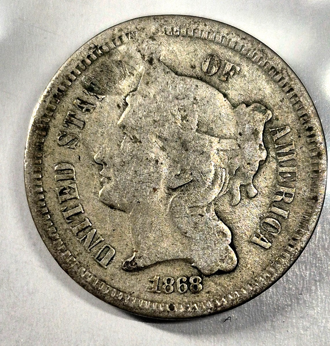 1868 3 Cent Nickel Good Features Full Liberty Partial Pillars Hole Filler US 3C