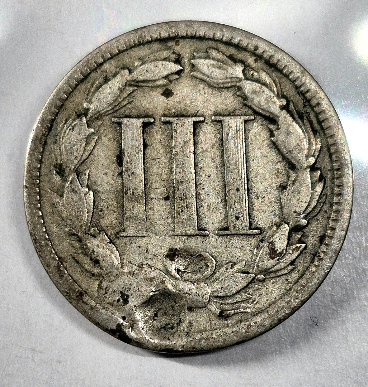 1868 3 Cent Nickel Good Features Full Liberty Partial Pillars Hole Filler US 3C