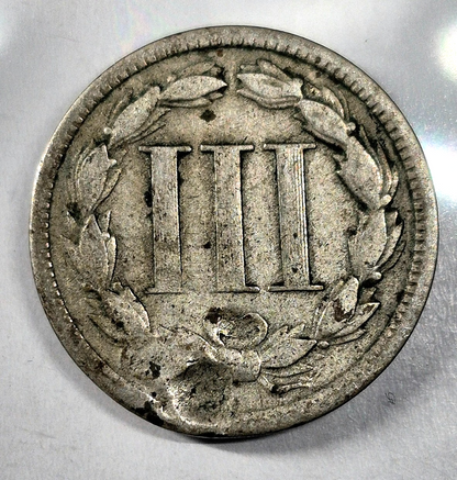 1868 3 Cent Nickel Good Features Full Liberty Partial Pillars Hole Filler US 3C