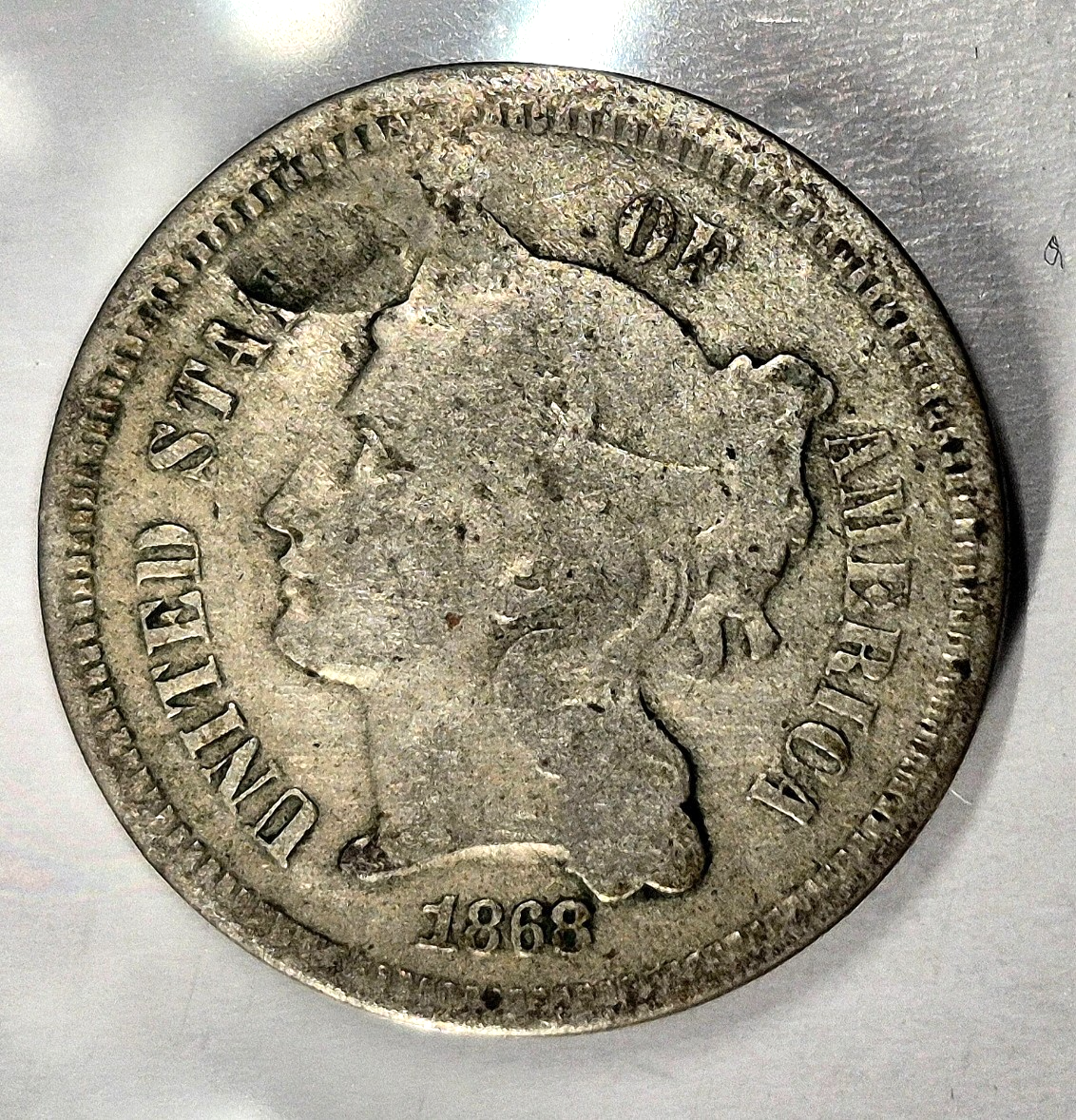 1868 3 Cent Nickel Good Features Full Liberty Partial Pillars Hole Filler US 3C