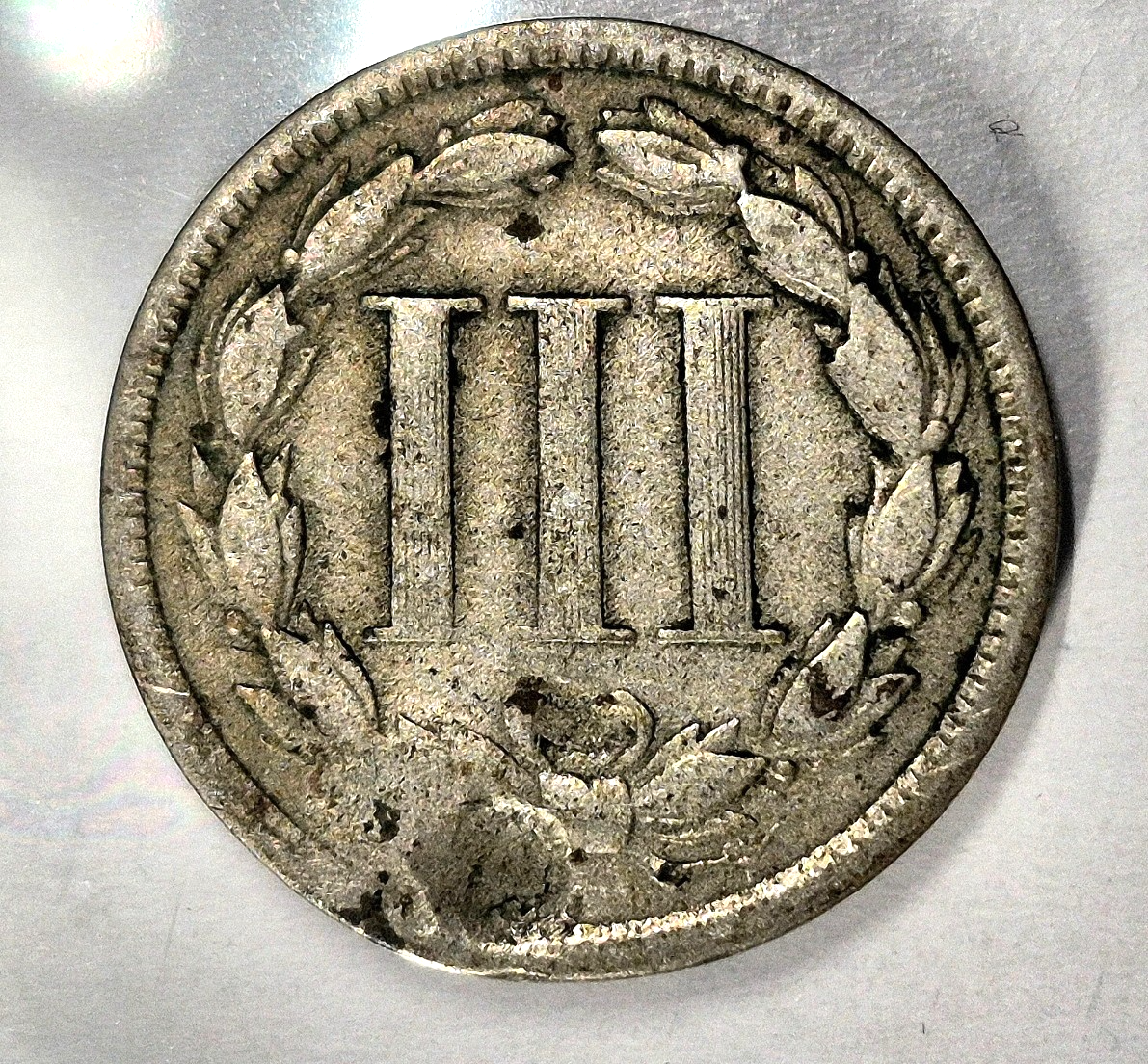 1868 3 Cent Nickel Good Features Full Liberty Partial Pillars Hole Filler US 3C