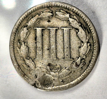 1868 3 Cent Nickel Good Features Full Liberty Partial Pillars Hole Filler US 3C
