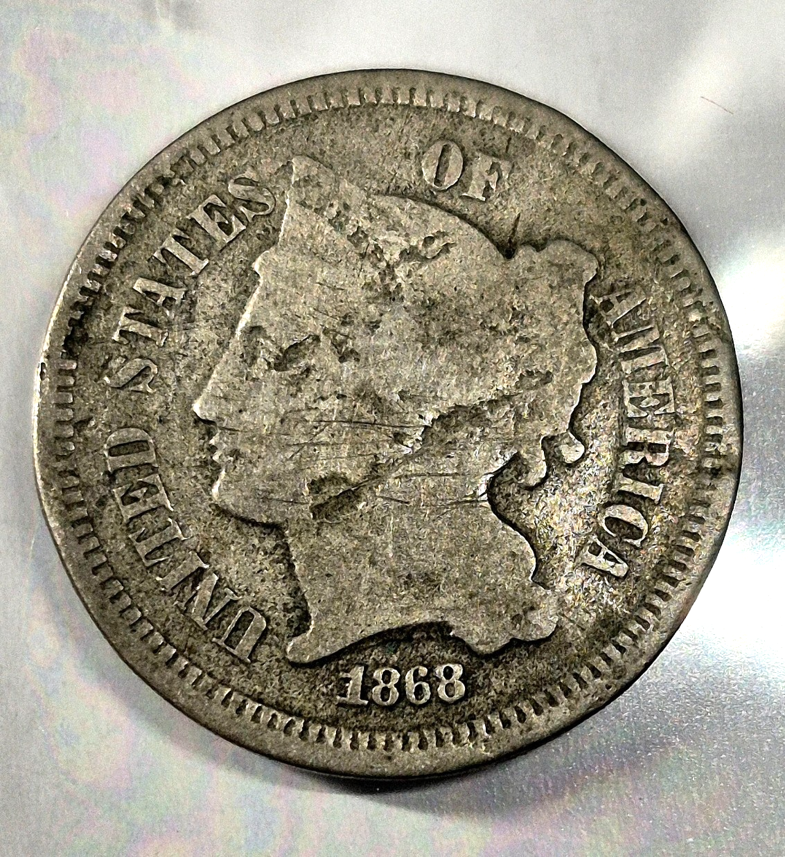 1868 3 Cent Nickel Good Features Full Liberty Partial Pillars Hole Filler US 3C
