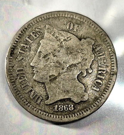 1868 3 Cent Nickel Good Features Full Liberty Partial Pillars Hole Filler US 3C