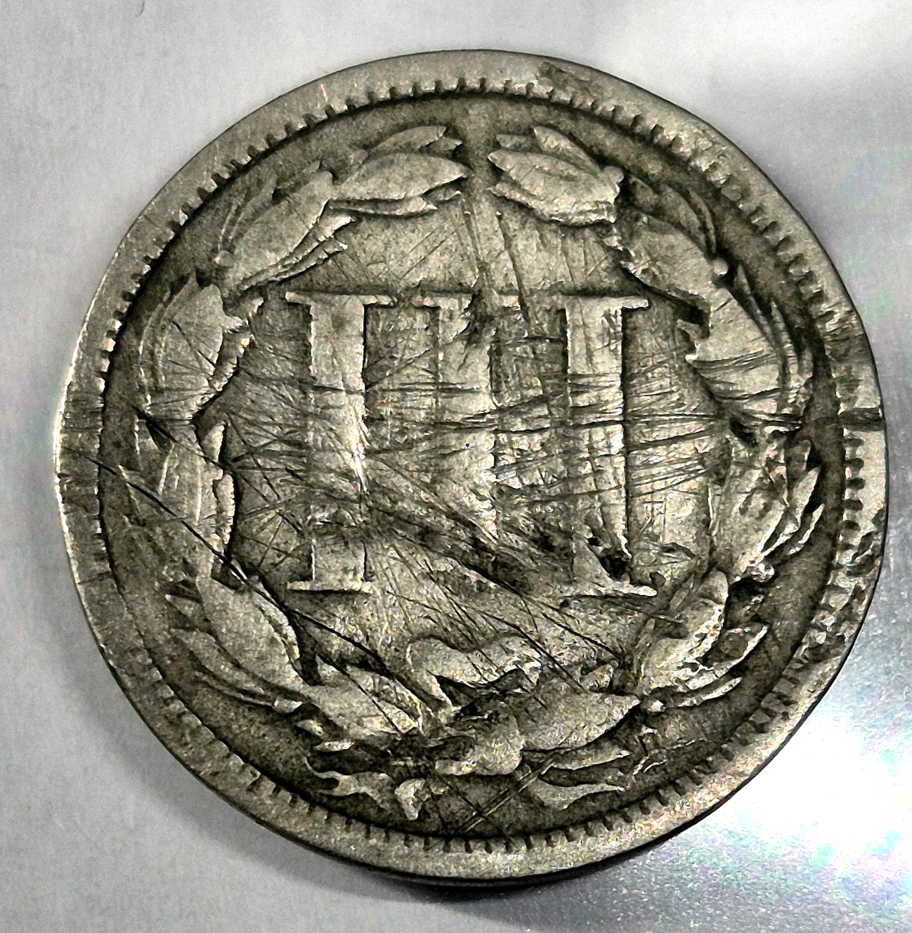 1868 3 Cent Nickel Good Features Full Liberty Partial Pillars Hole Filler US 3C