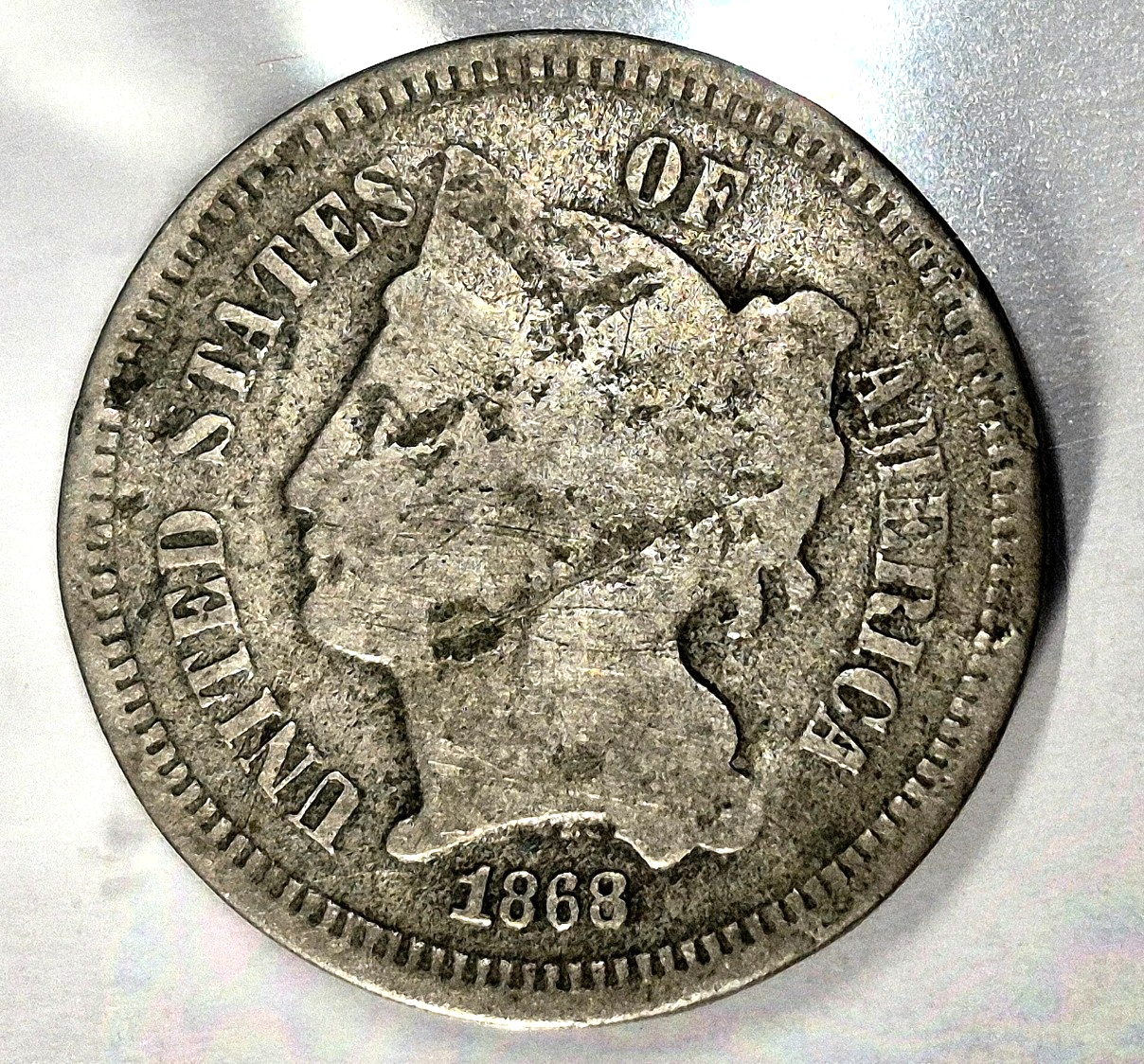 1868 3 Cent Nickel Good Features Full Liberty Partial Pillars Hole Filler US 3C