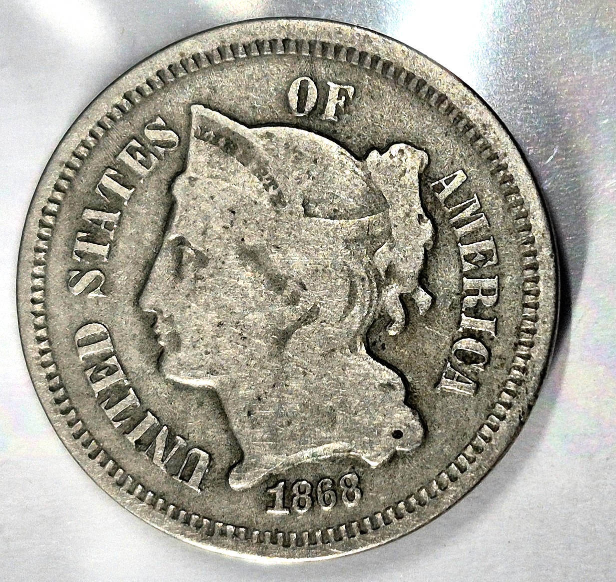 1868 3 Cent Nickel Good Features Full Liberty Partial Pillars Hole Filler US 3C