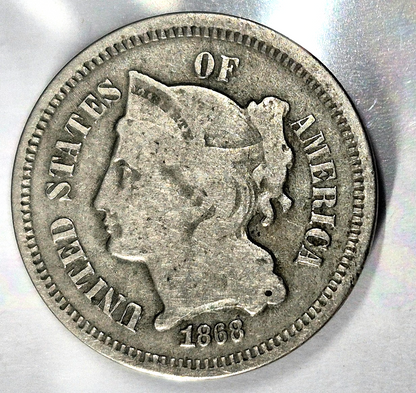 1868 3 Cent Nickel Good Features Full Liberty Partial Pillars Hole Filler US 3C
