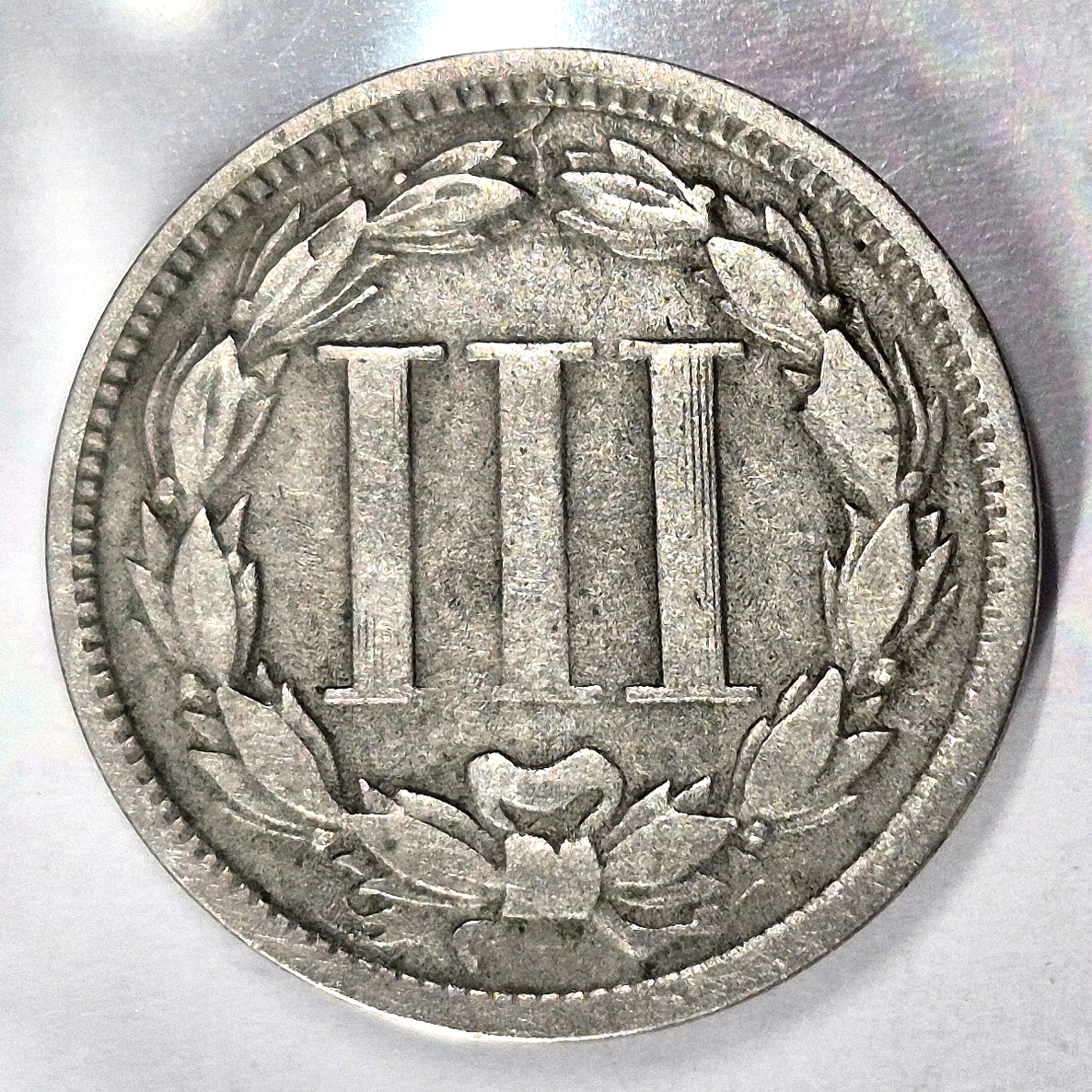1868 3 Cent Nickel Good Features Full Liberty Partial Pillars Hole Filler US 3C