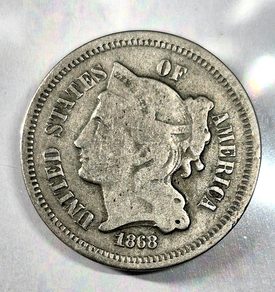 1868 3 Cent Nickel Good Features Full Liberty Partial Pillars Hole Filler US 3C