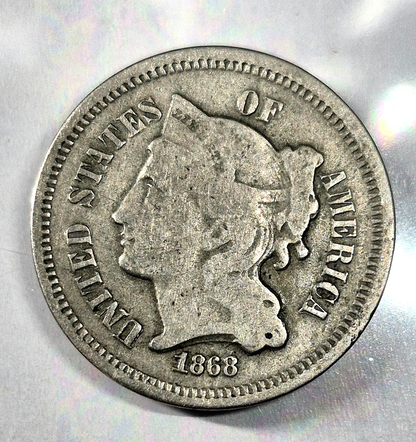 1868 3 Cent Nickel Good Features Full Liberty Partial Pillars Hole Filler US 3C