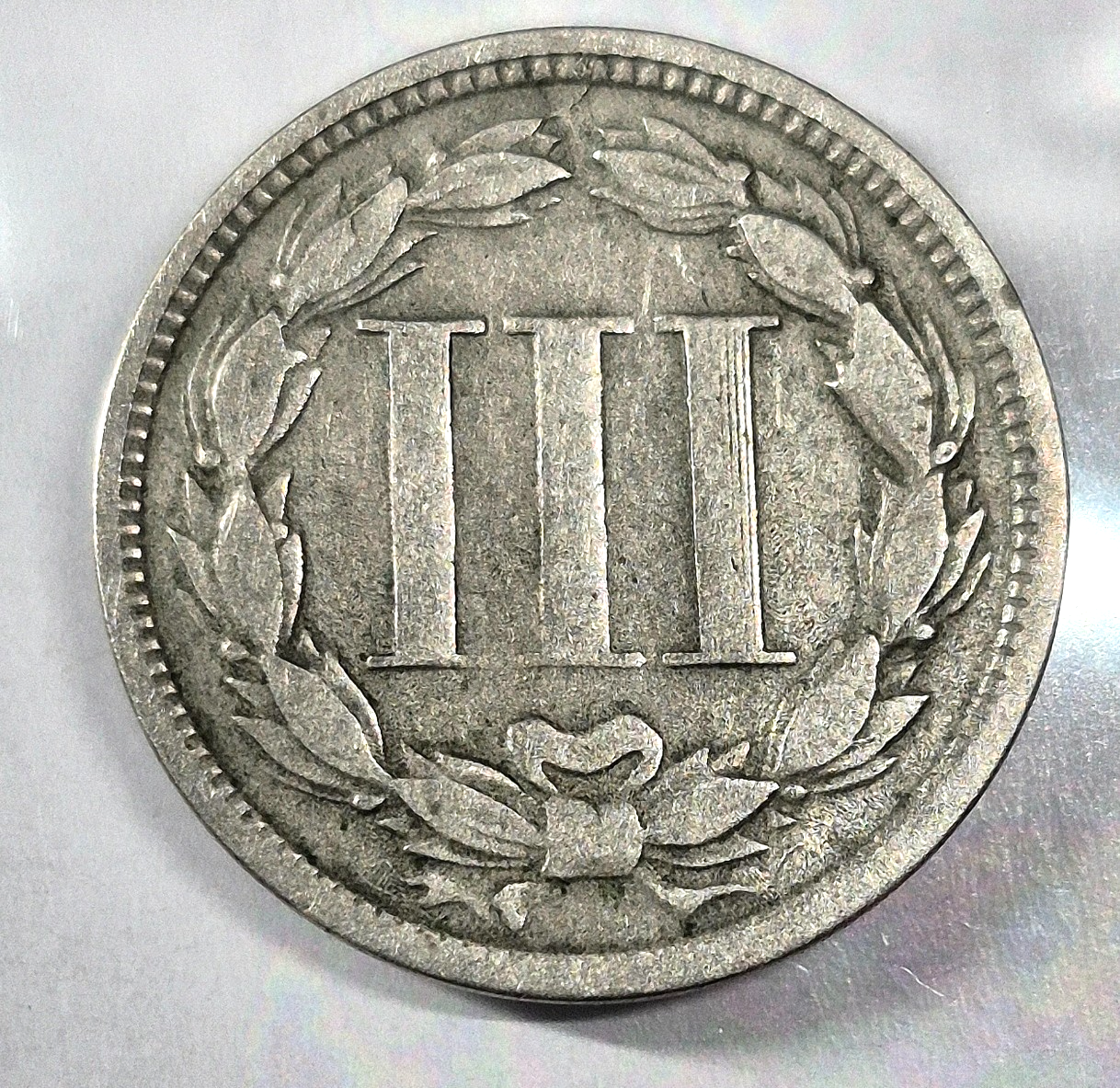 1868 3 Cent Nickel Good Features Full Liberty Partial Pillars Hole Filler US 3C
