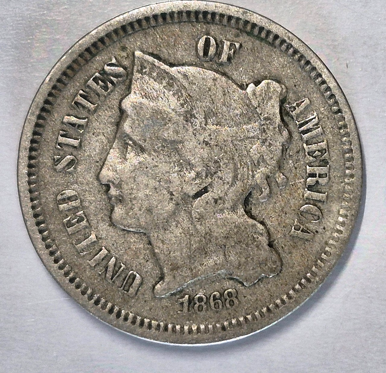 1868 3 Cent Nickel Very Good Features Full Liberty Partial Pillars US 3C