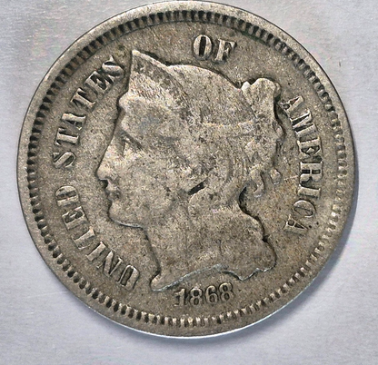 1868 3 Cent Nickel Very Good Features Full Liberty Partial Pillars US 3C