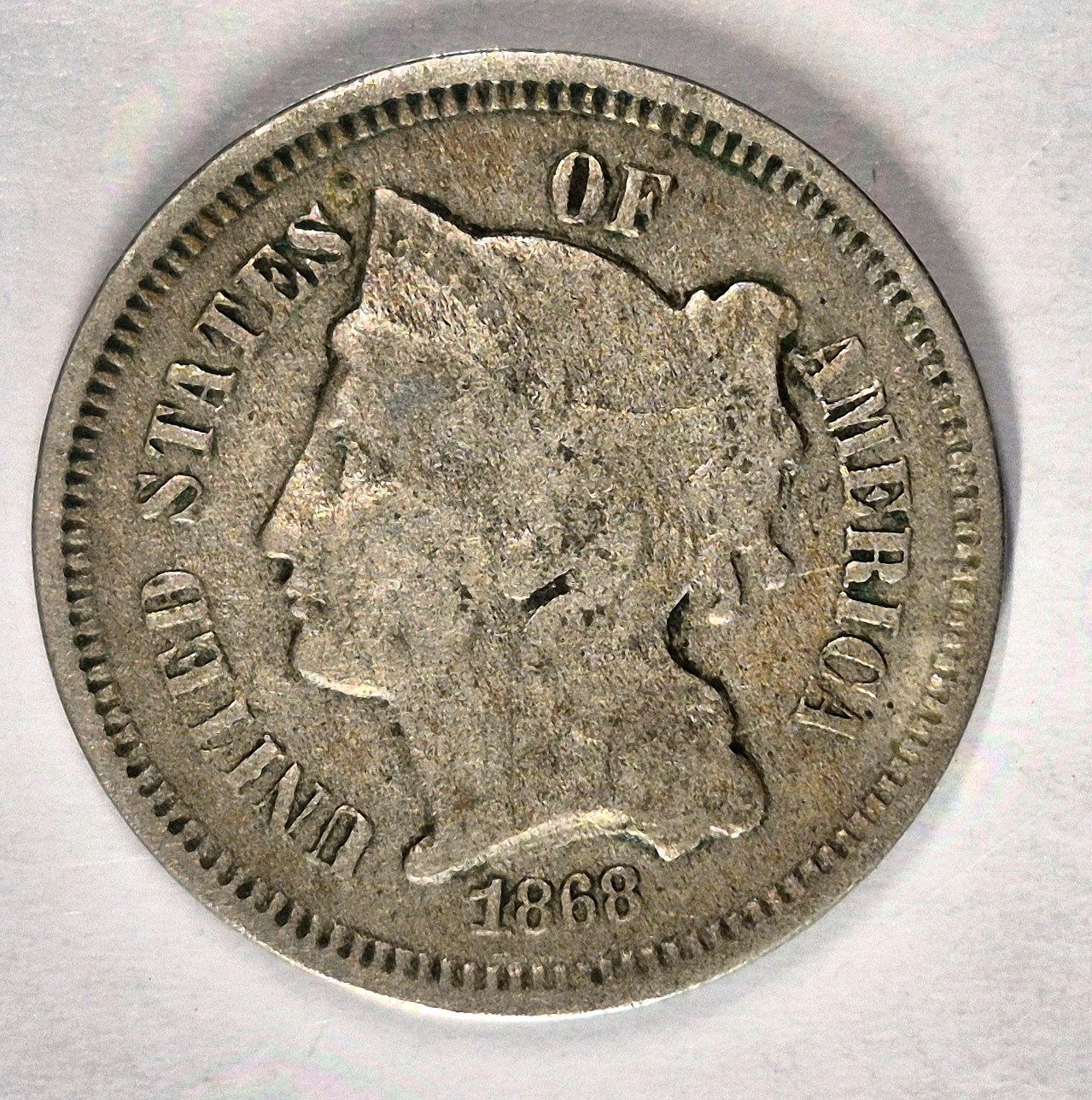 1868 3 Cent Nickel Very Good Features Full Liberty Partial Pillars US 3C