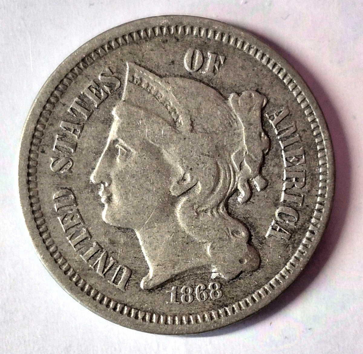 1868 3 Cent Nickel Very Good Features Full Liberty Partial Pillars US 3C