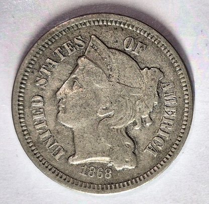 1868 3 Cent Nickel Very Good Features Full Liberty Partial Pillars US 3C