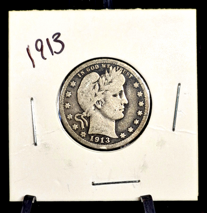 1913 Barber Silver Quarter 90 % SILVER Better Date Coin Crisp VG-F Features 25C