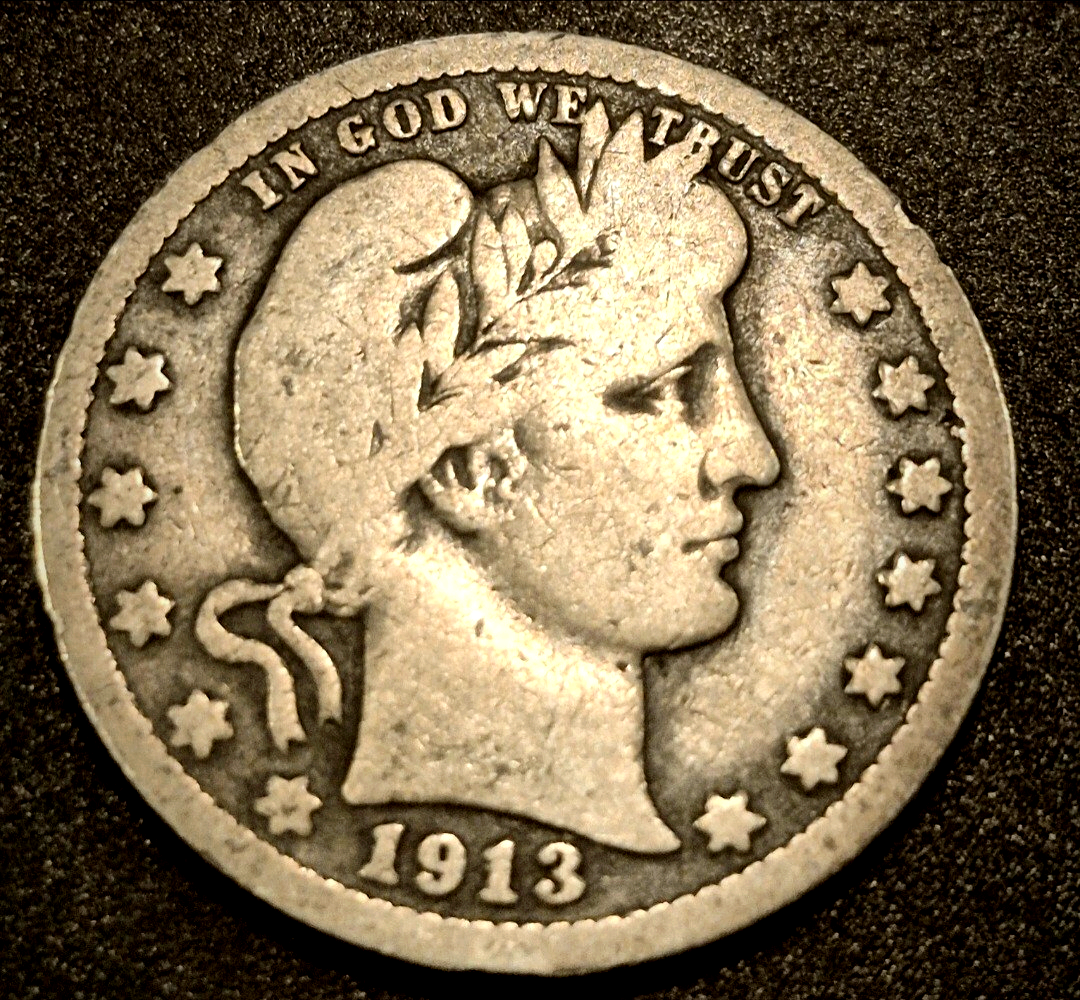 1913 Barber Silver Quarter 90 % SILVER Better Date Coin Crisp VG-F Features 25C