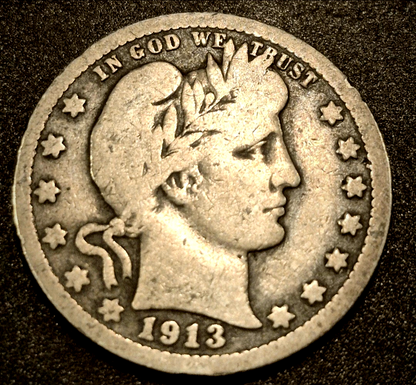 1913 Barber Silver Quarter 90 % SILVER Better Date Coin Crisp VG-F Features 25C