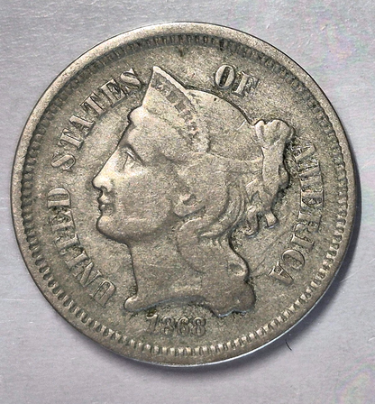 1868 3 Cent Nickel Very Good Features Full Liberty Partial Pillars US 3C