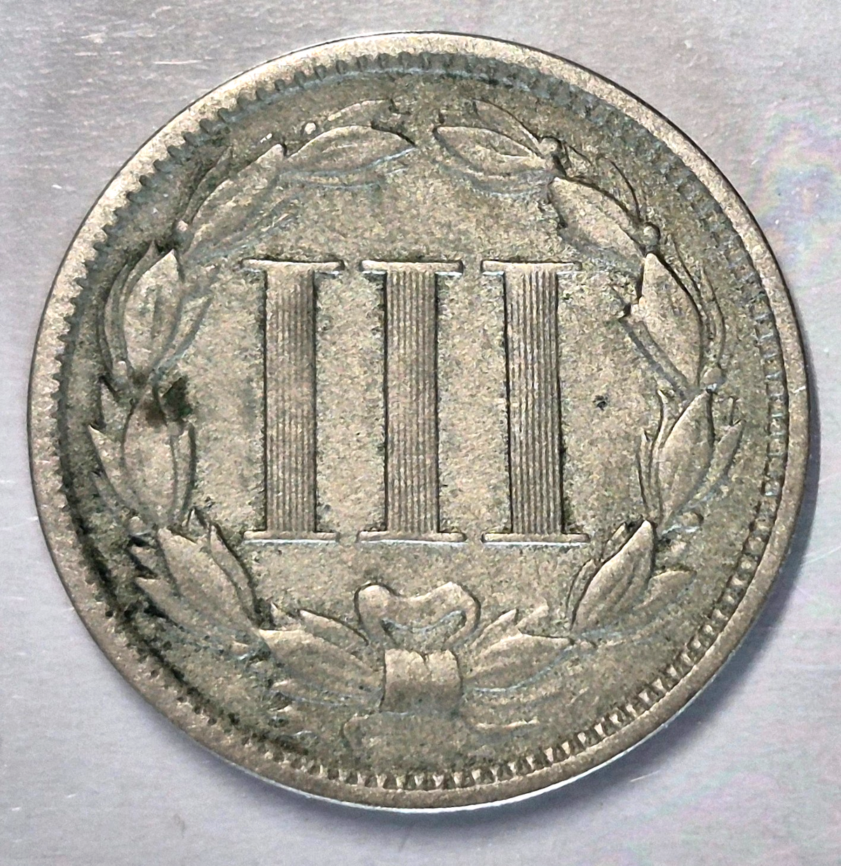 1868 3 Cent Nickel Very Good Features Full Liberty Partial Pillars US 3C