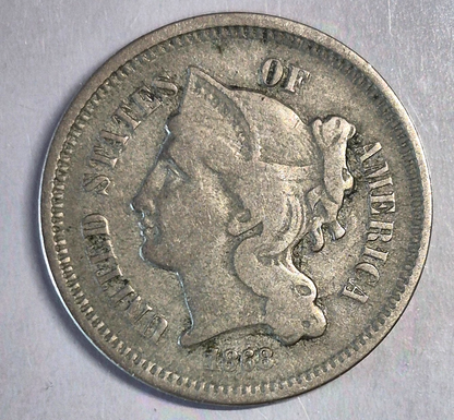 1868 3 Cent Nickel Very Good Features Full Liberty Partial Pillars US 3C