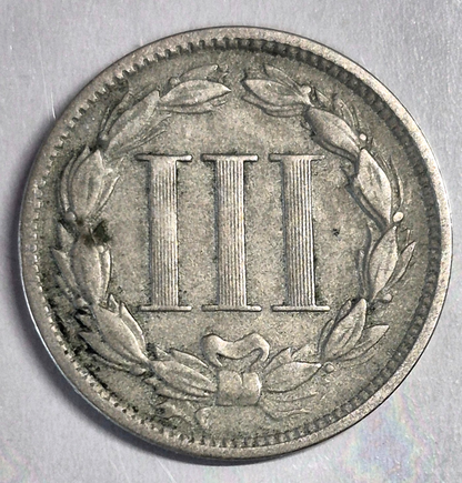 1868 3 Cent Nickel Very Good Features Full Liberty Partial Pillars US 3C