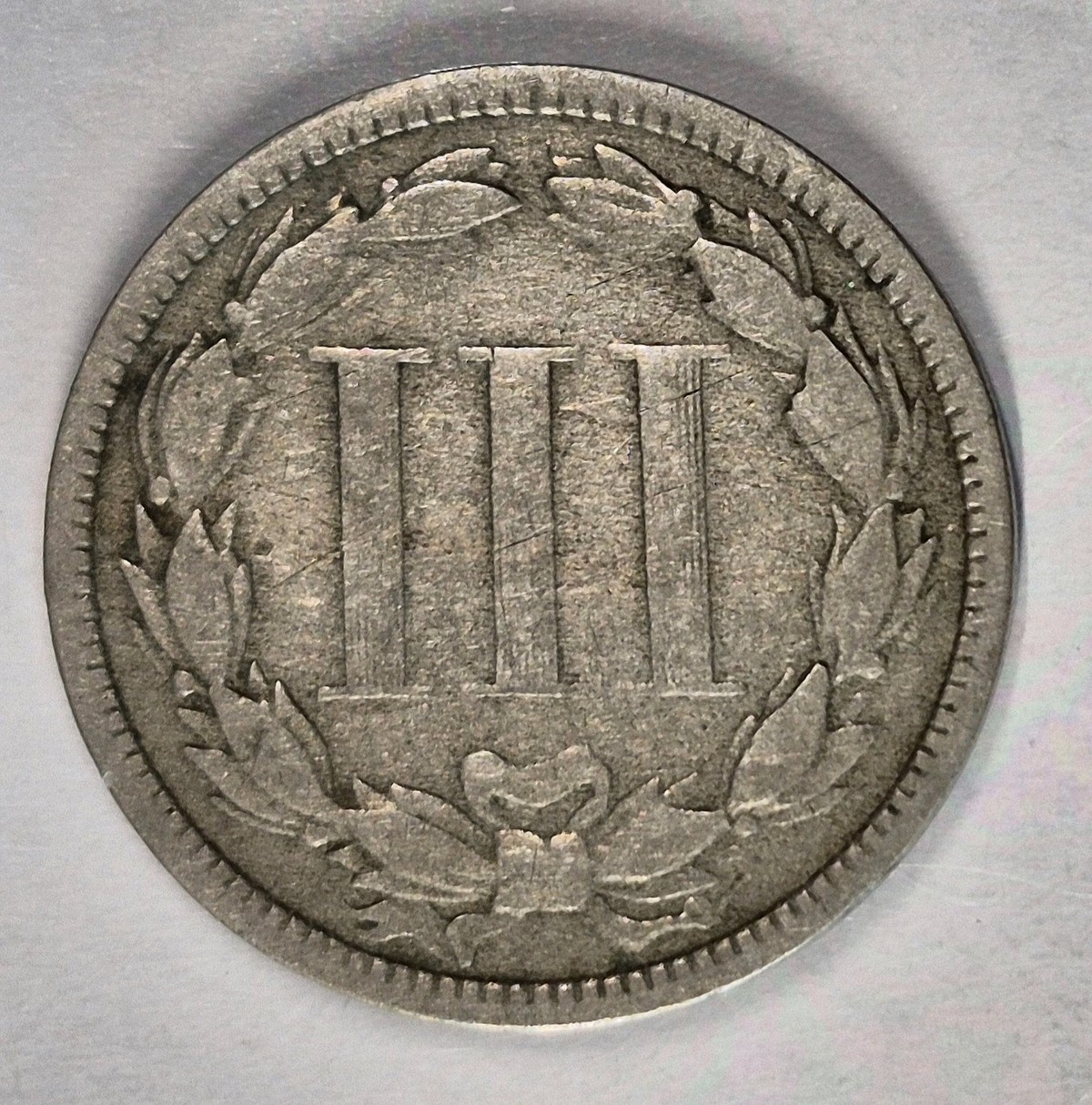 1868 3 Cent Nickel Very Good Features Full Liberty Partial Pillars US 3C