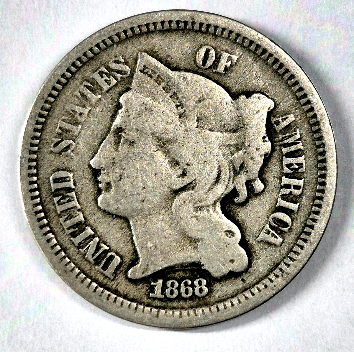 1868 3 Cent Nickel Very Good Features Full Liberty Partial Pillars US 3C