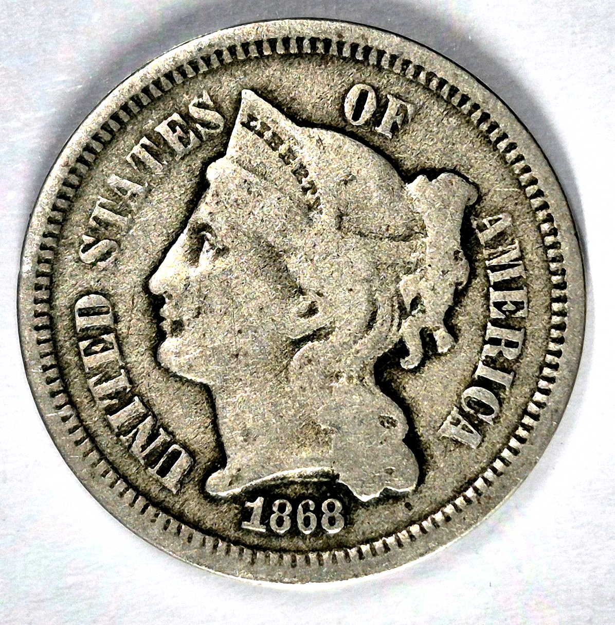 1868 3 Cent Nickel Very Good Features Full Liberty Partial Pillars US 3C