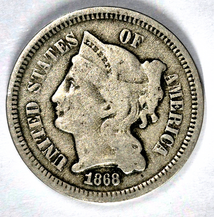 1868 3 Cent Nickel Very Good Features Full Liberty Partial Pillars US 3C