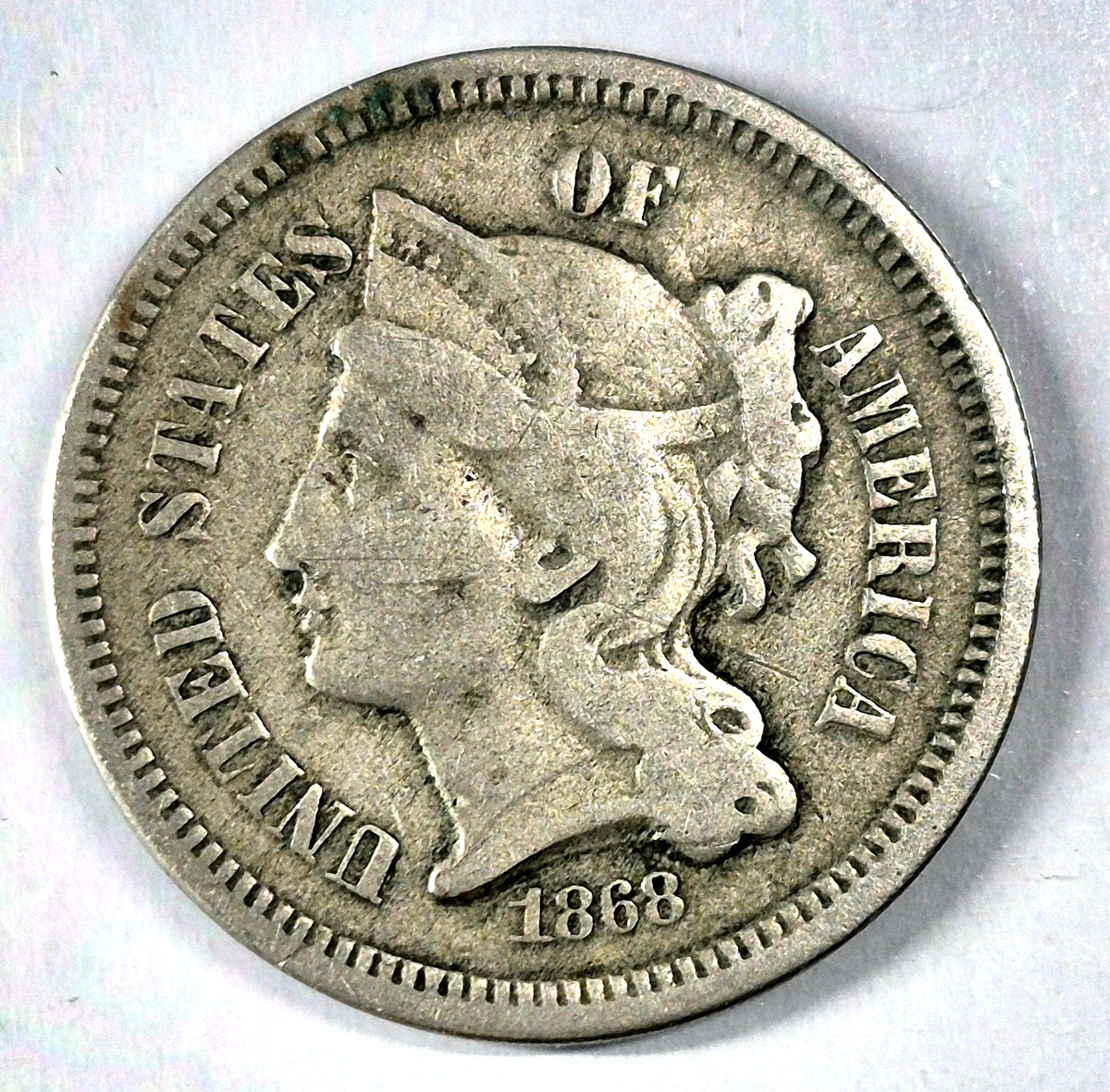 1868 3 Cent Nickel VG-F Features Full Liberty Partial Pillars US 3C