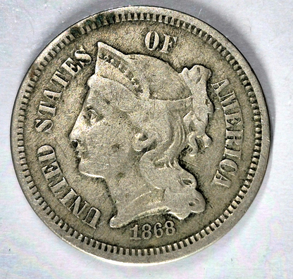 1868 3 Cent Nickel VG-F Features Full Liberty Partial Pillars US 3C