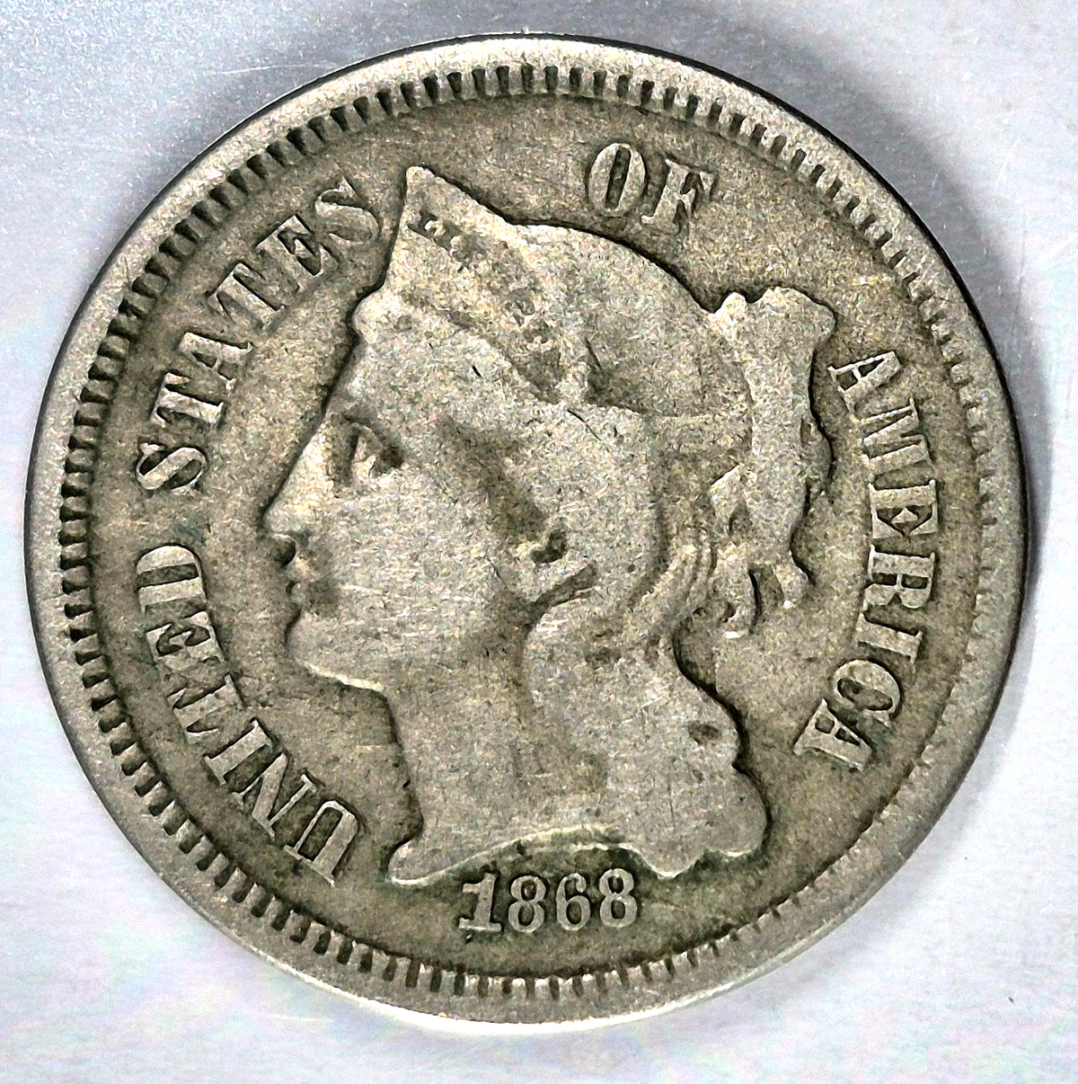 1868 3 Cent Nickel Very Good Features Full Liberty Partial Pillars US 3C