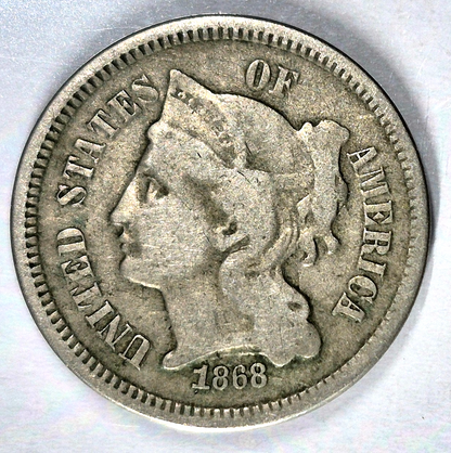 1868 3 Cent Nickel Very Good Features Full Liberty Partial Pillars US 3C