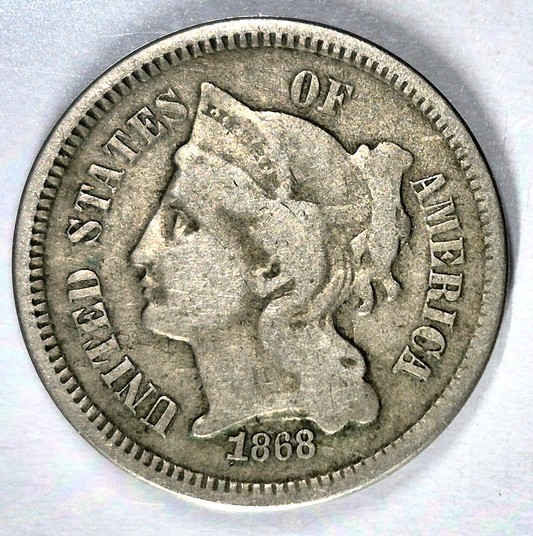 1868 3 Cent Nickel Very Good Features Full Liberty Partial Pillars US 3C