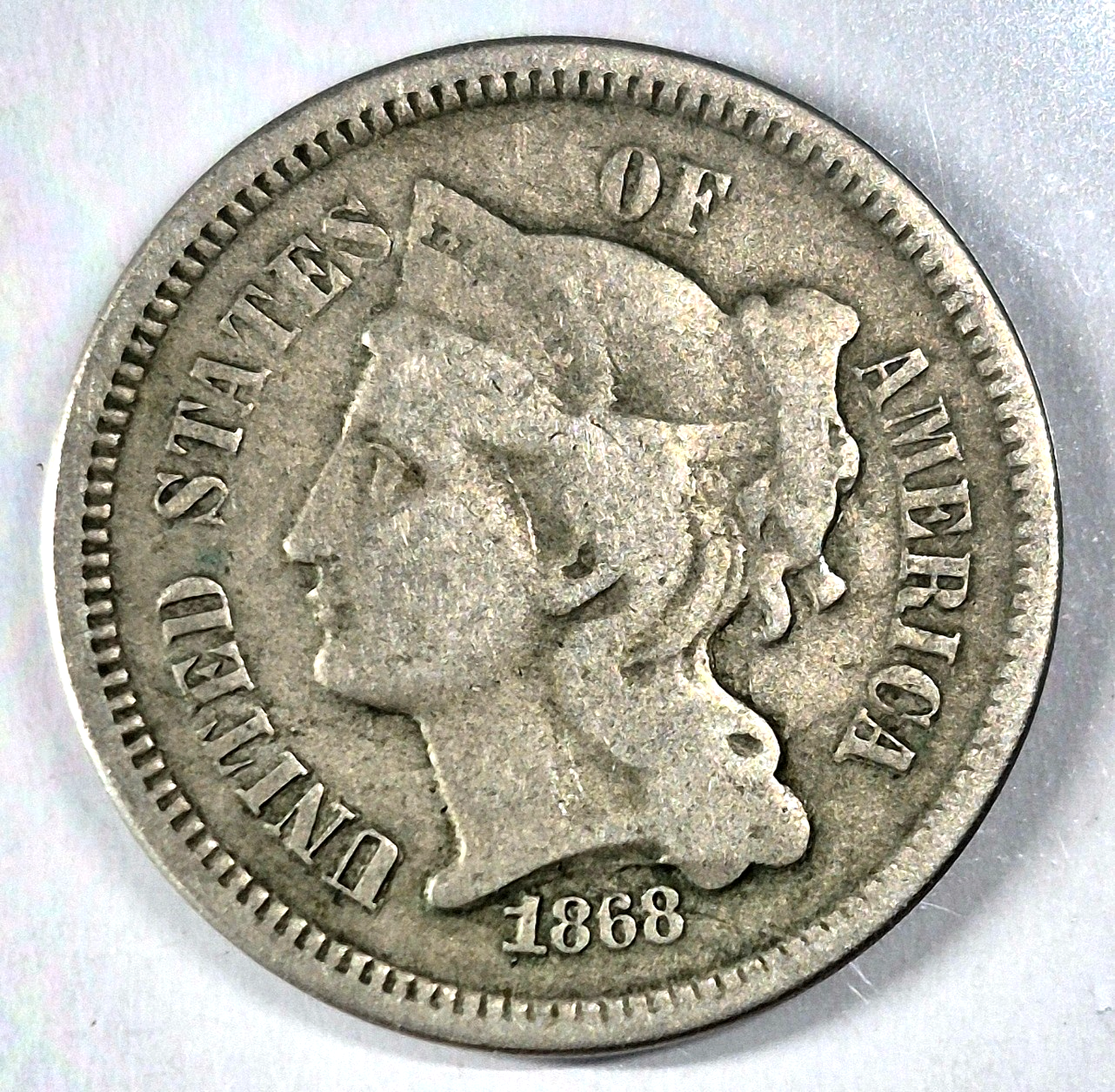 1868 3 Cent Nickel Very Good Features Full Liberty Partial Pillars US 3C