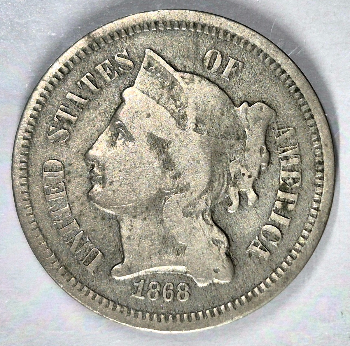 1868 3 Cent Nickel Very Good Features Full Liberty Partial Pillars US 3C