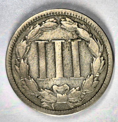 1868 3 Cent Nickel Very Good Features Full Liberty Partial Pillars US 3C