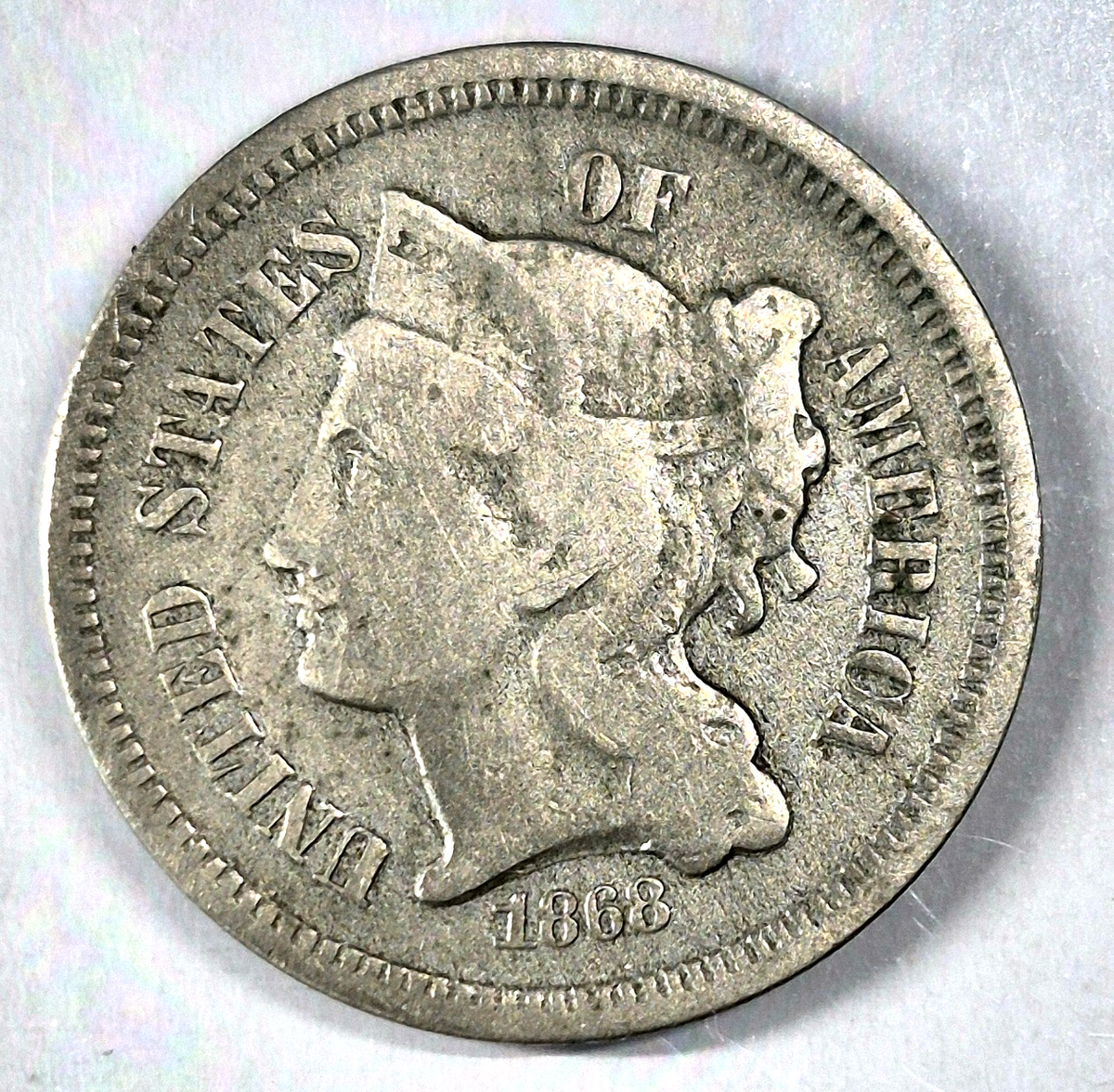 1868 3 Cent Nickel Very Good Features Full Liberty Partial Pillars US 3C