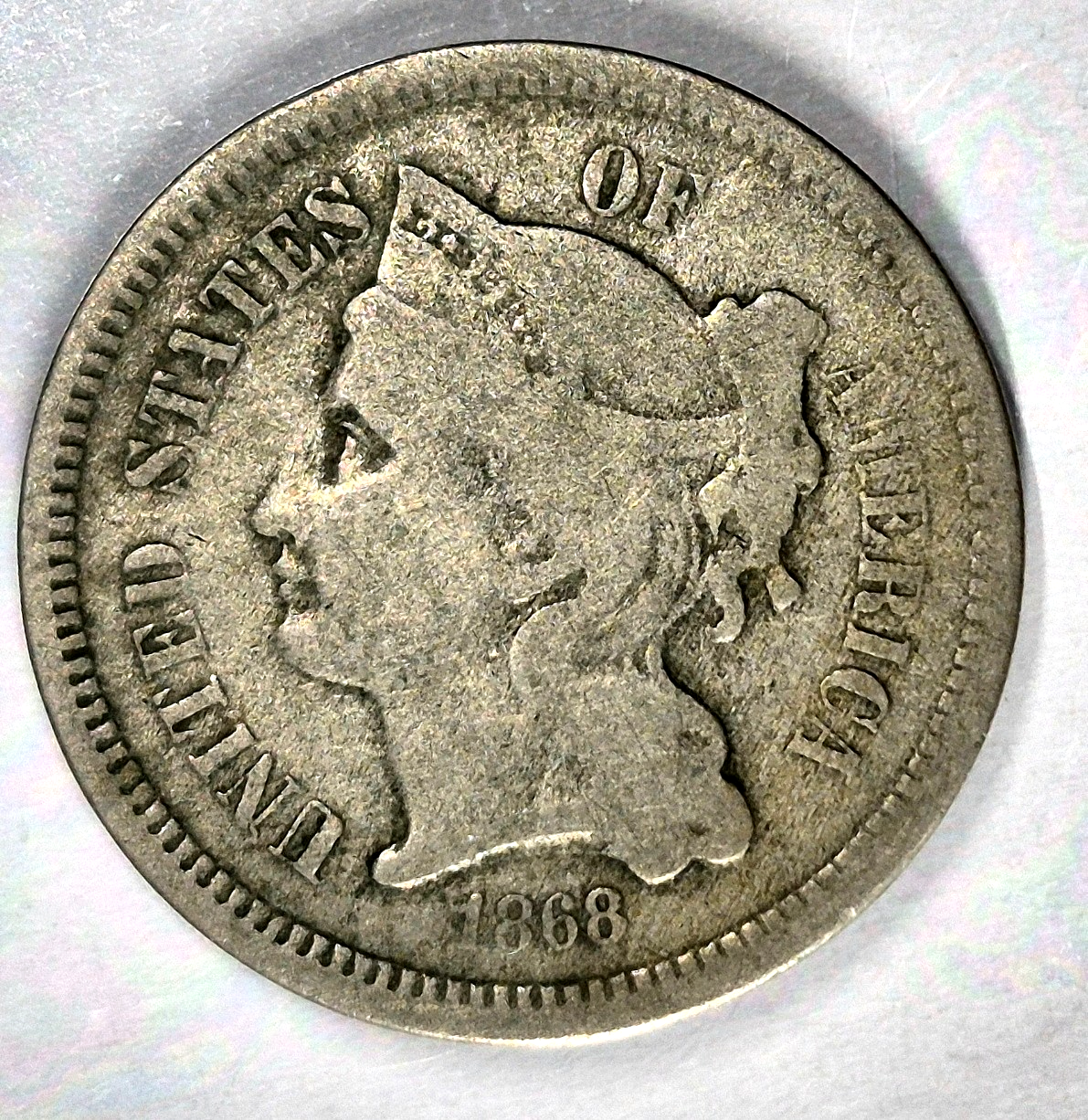 1868 3 Cent Nickel Very Good Features Full Liberty Partial Pillars US 3C