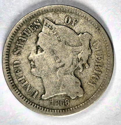 1868 3 Cent Nickel Very Good Features Full Liberty Partial Pillars US 3C