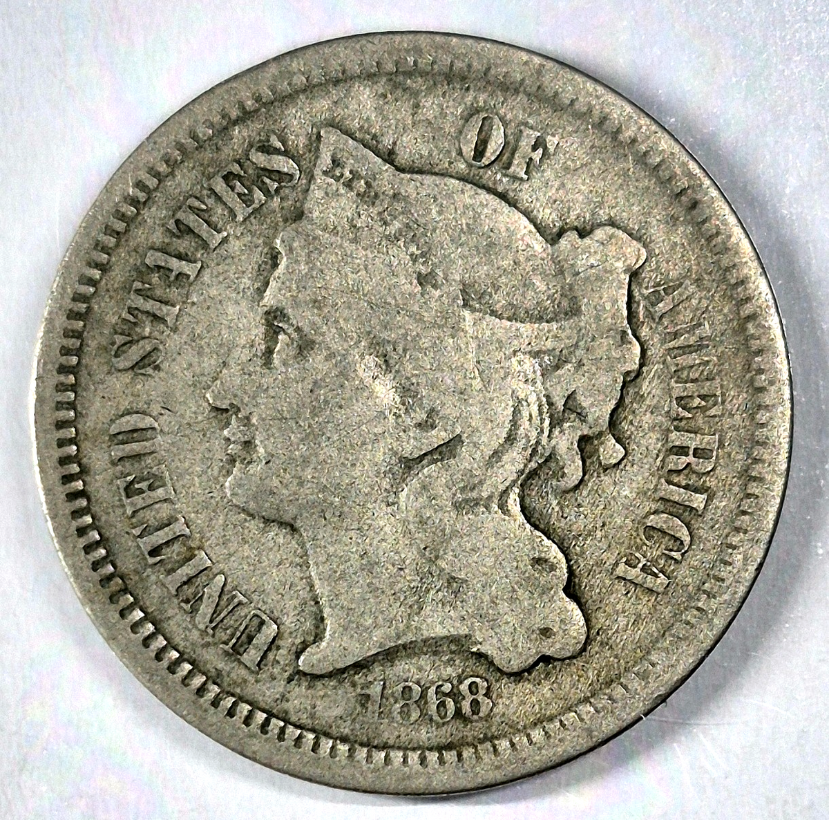1868 3 Cent Nickel Very Good Features Full Liberty Partial Pillars US 3C