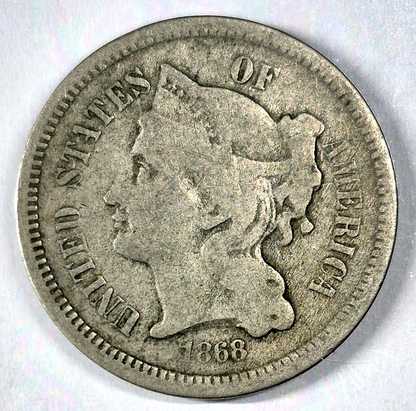1868 3 Cent Nickel Very Good Features Full Liberty Partial Pillars US 3C