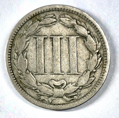 1868 3 Cent Nickel Very Good Features Full Liberty Partial Pillars US 3C
