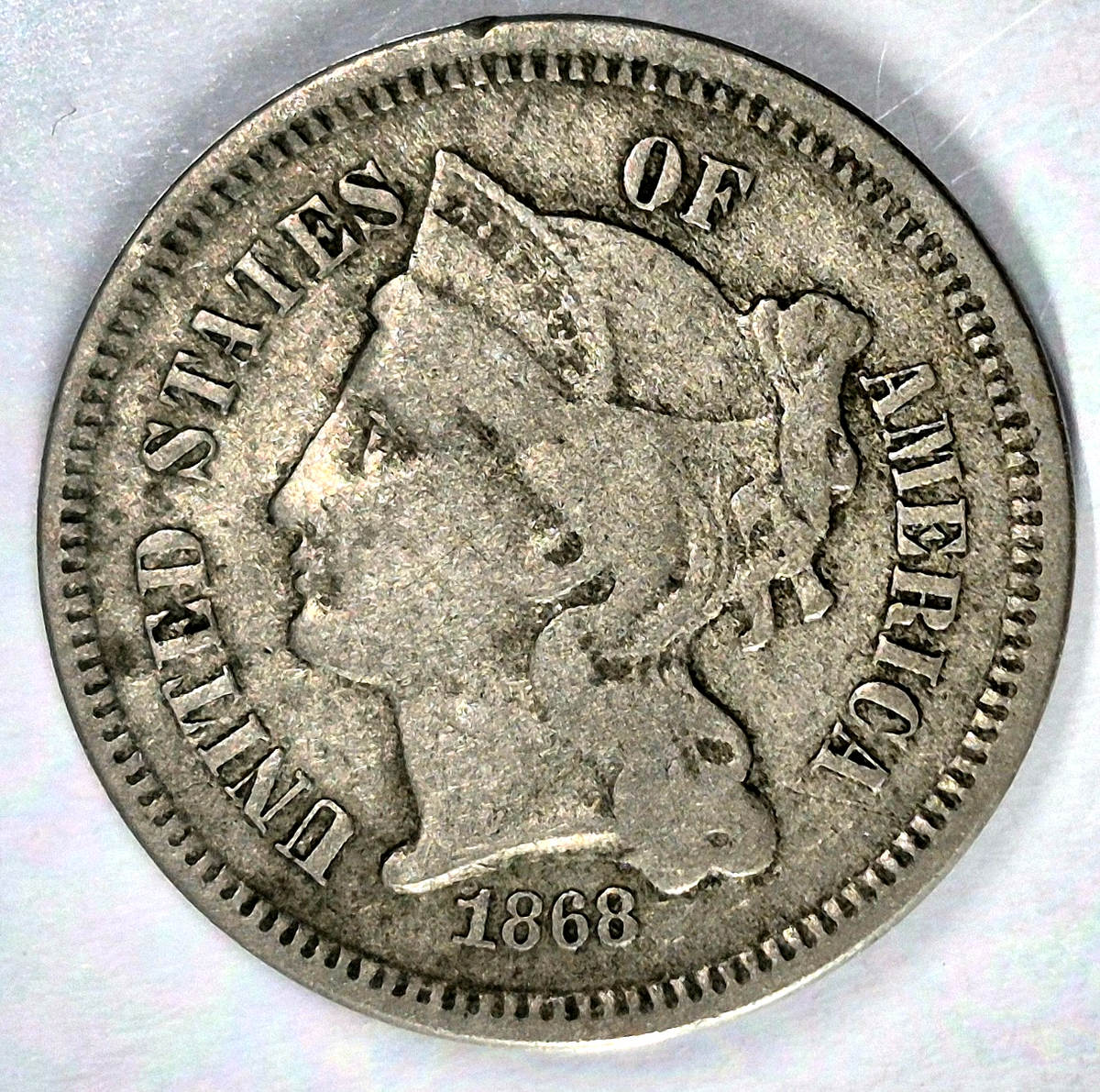 1868 3 Cent Nickel Very Good Features Full Liberty Partial Pillars US 3C